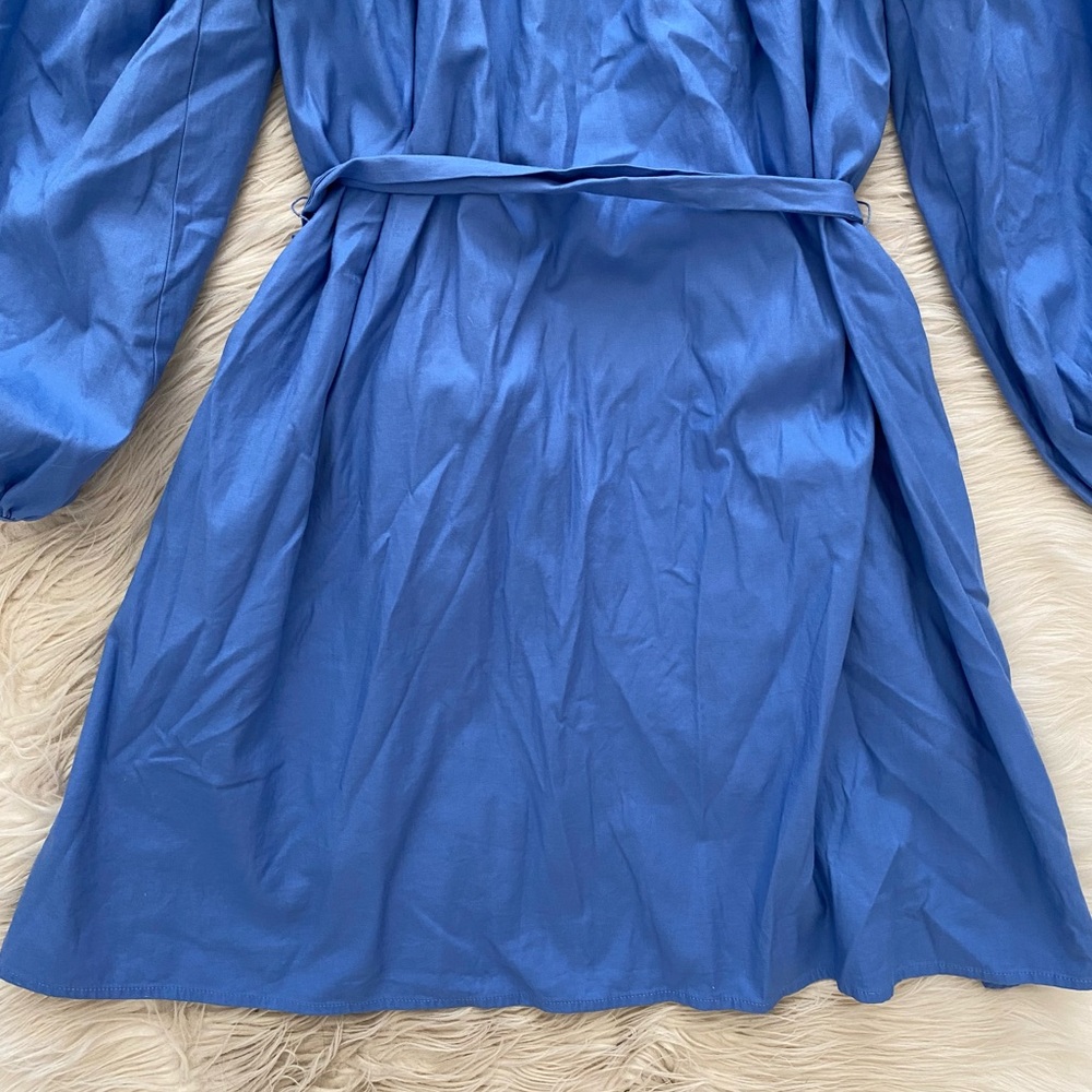 Reformation Blue Dusk Puff Long Sleeve Organic Cotton Belted Waist Rennae Dress - Picture 9 of 13